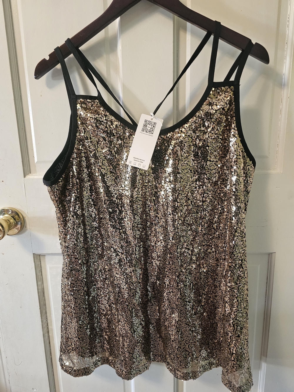 zeagoo Rose Gold Sequin Cami with Black Trim